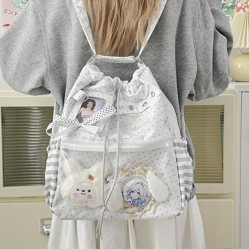 New Y2K Polka Dot Drawstring Ita Backpack Cute Girl Transparent Crossbody Shoulder Bag Large Capacity DIY Dolls Display Knapsack