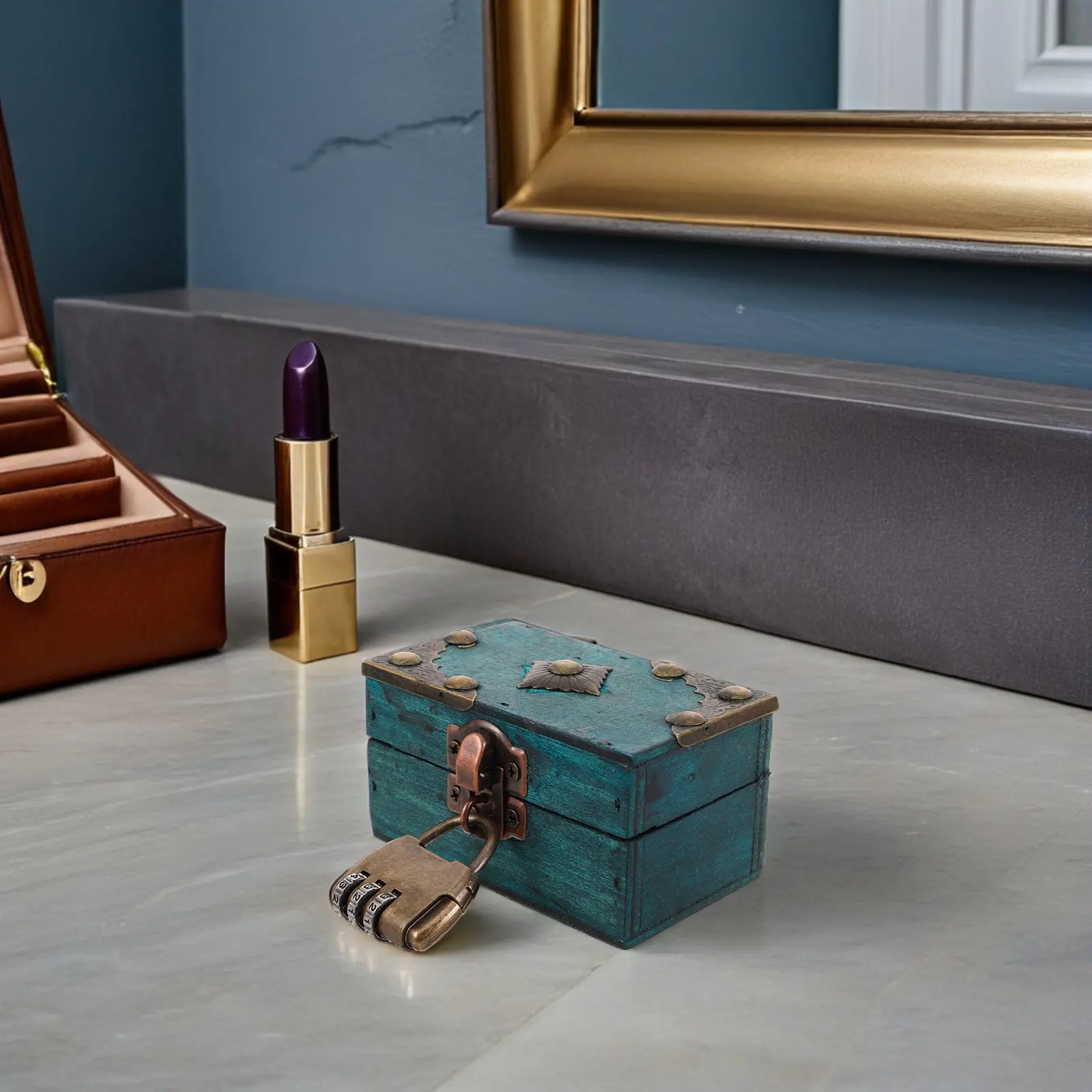 

Wood Jewelry Box for Women 9x5.5x5cm Vintage Storage Chest with Lock Retro Trinket Organizer Portable Keepsake Display Case