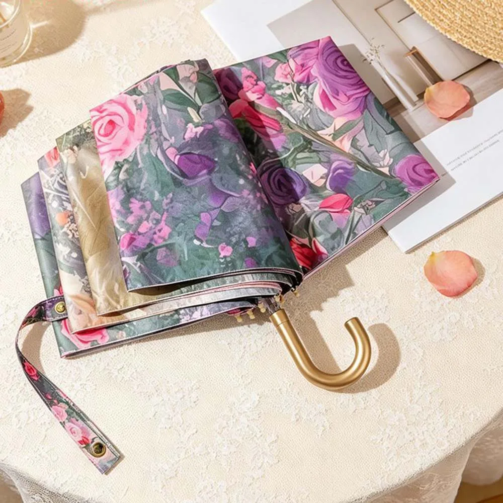 Golden Curved Hook Handle Folding Parasol 8 Ribs Anti UV Sun Rain Women Umbrella Floral Print Portable Umbrella with Storage Bag