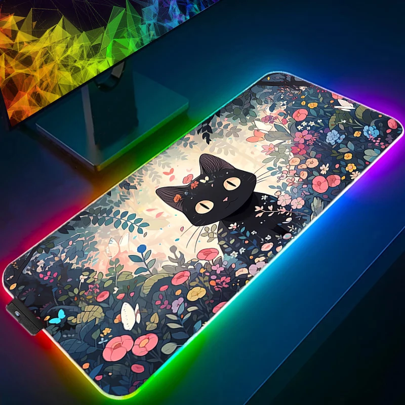 

RGB LED Mouse Pads Desk Mat Protector Flower Cat Gaming Mousepad Office Table Decor Keyboard Long Pad Computer Gamer Mats