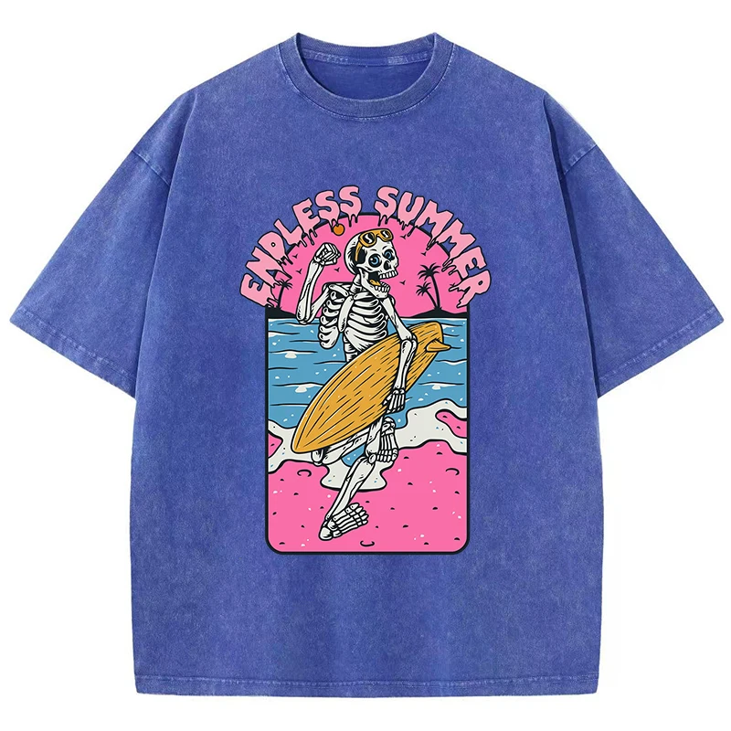 Fashion Women Cotton Washed T-Shirt Endless Summer Skull Surfing Printing Short Sleeve Casual Loose Tee Shirt Vintage Clothes