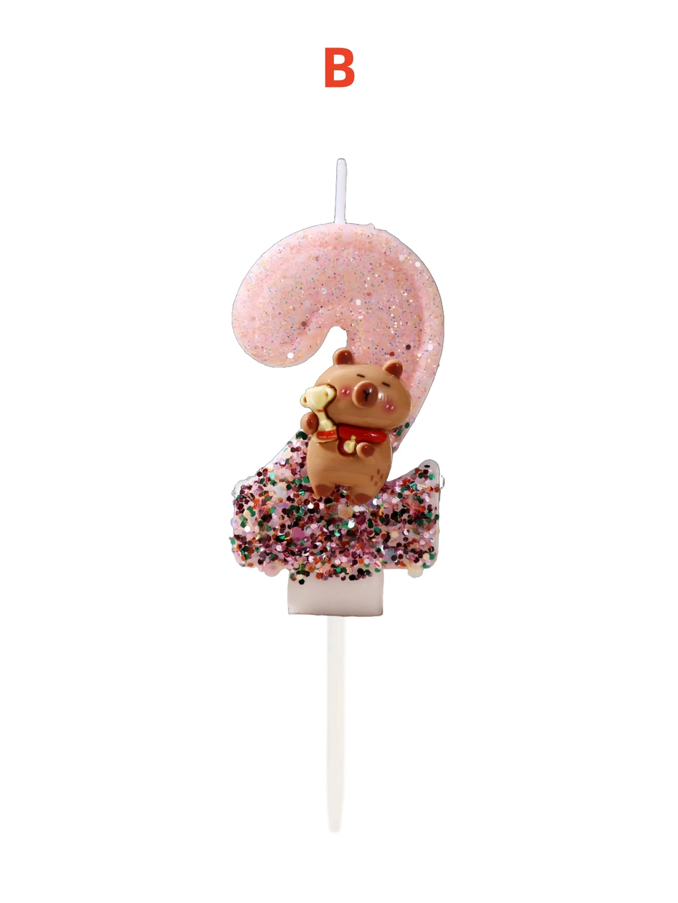 Pink capibara carrying small bookcases decorated with digital candles, festive and commemorative candles