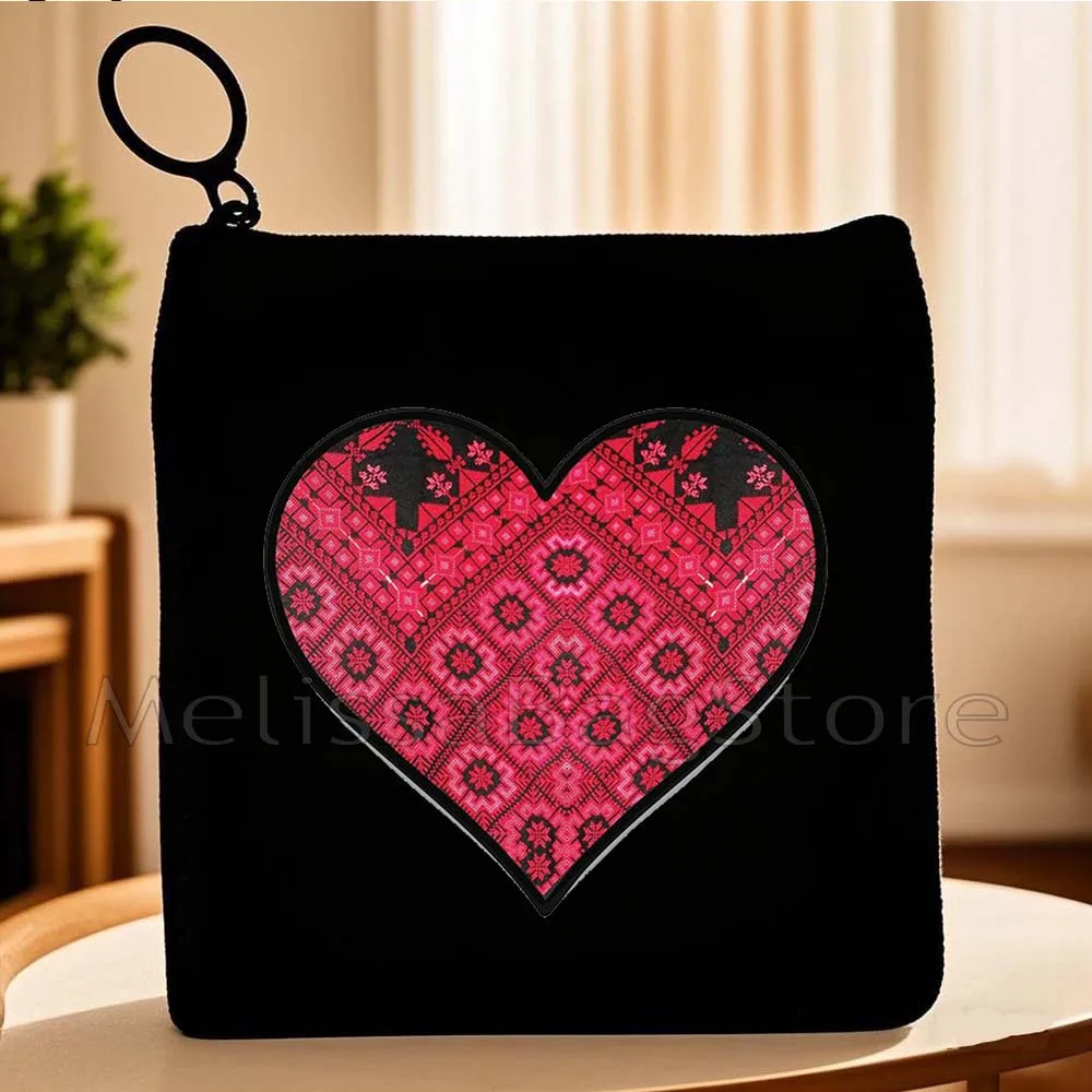 Retro Arabic Gifts Quotes Heart Peace Traditional Tatreez Embroidery Calligraphy Canvas Key Coin Purse Cute Bag Wallet Pouch