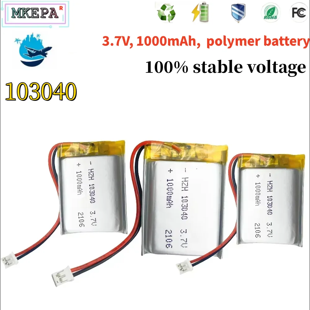 3.7 فولت 103040   يمكن تخصيص بطارية ليثيوم بوليمر 100% 1000 مللي أمبير في الساعة وتجارة الجملة شهادة الجودة CE FCC ROHS MSDS