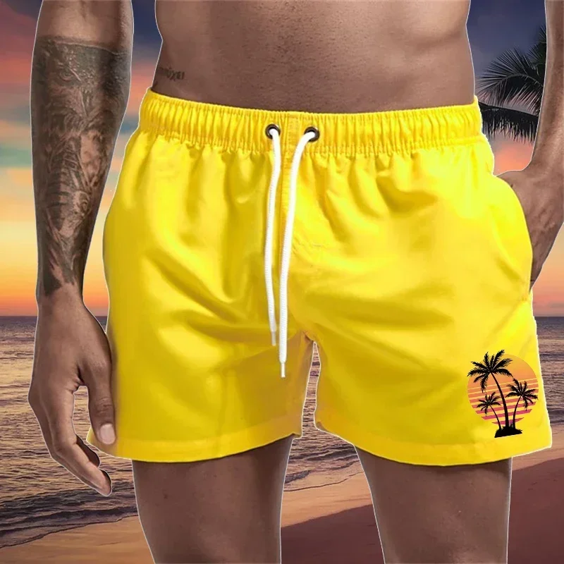 Shorts de plage pour homme avec imprimé cocotier et coucher de soleil, shorts d'été à séchage rapide