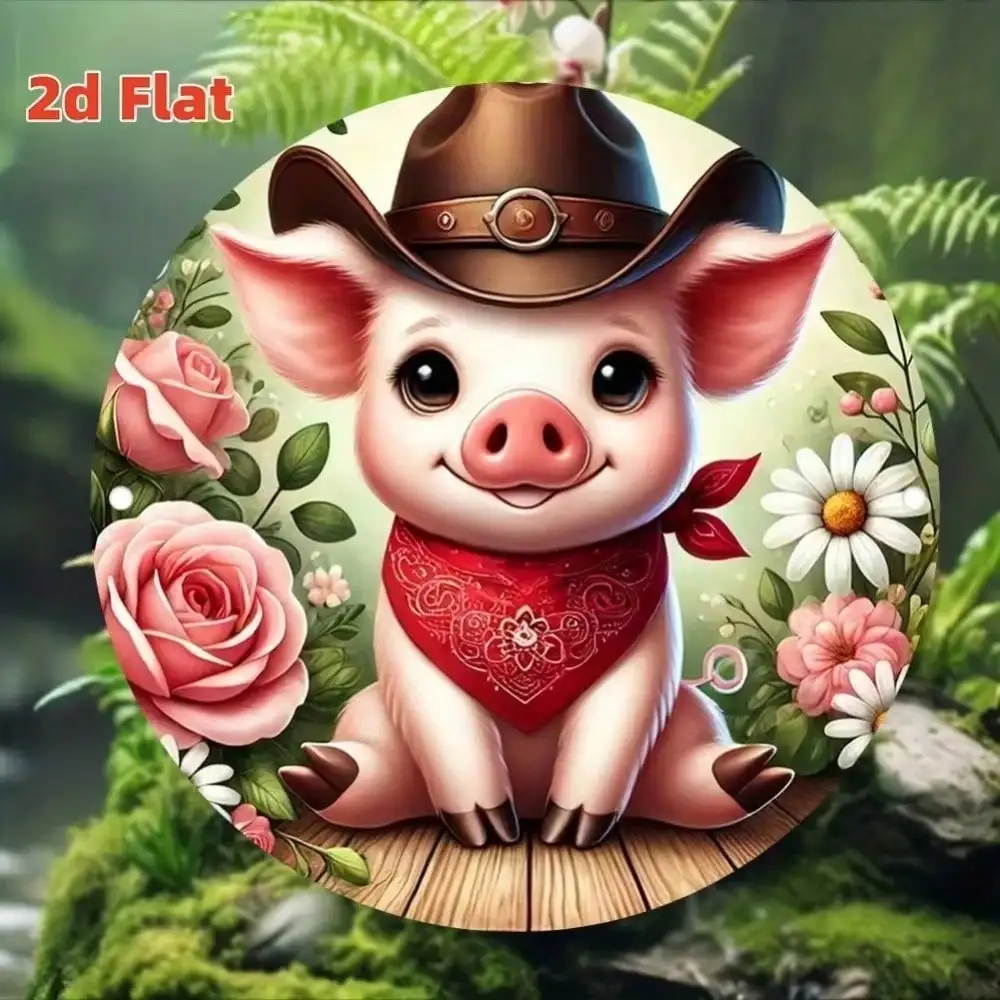 2D Flat High Definition Metal Wall Art Cute Cowboy Piglet with Pink Roses and Daisy Flower Wreath Wooden Plank Base Metal Sign C