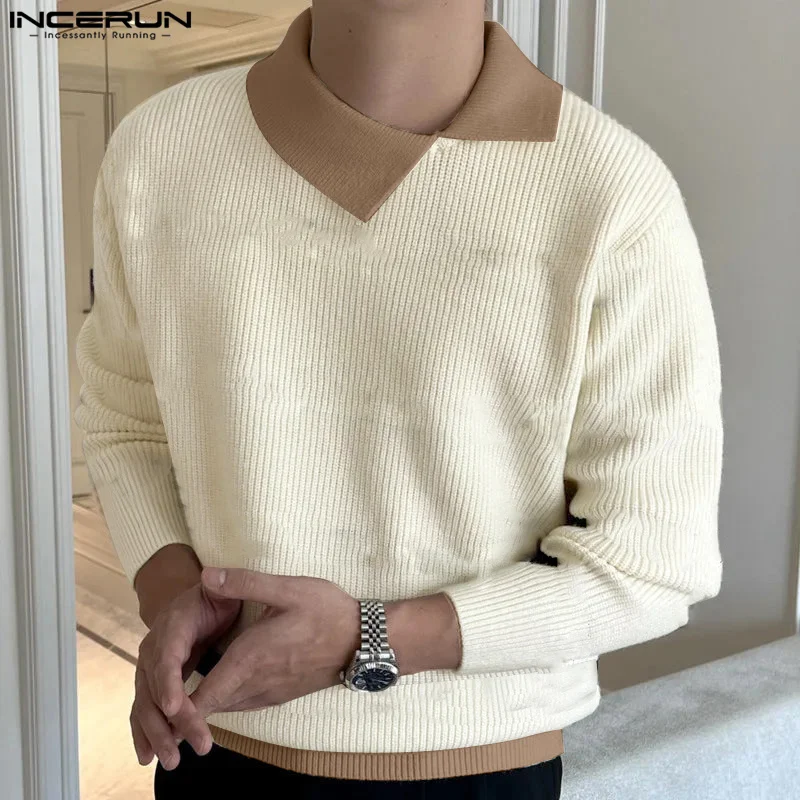 INCERUN 2024 Men's Tops Fashionable Knitted Contrast Color Pullovers Casual Male Hot Sale Irregular Collar Long Sleeved Sweaters