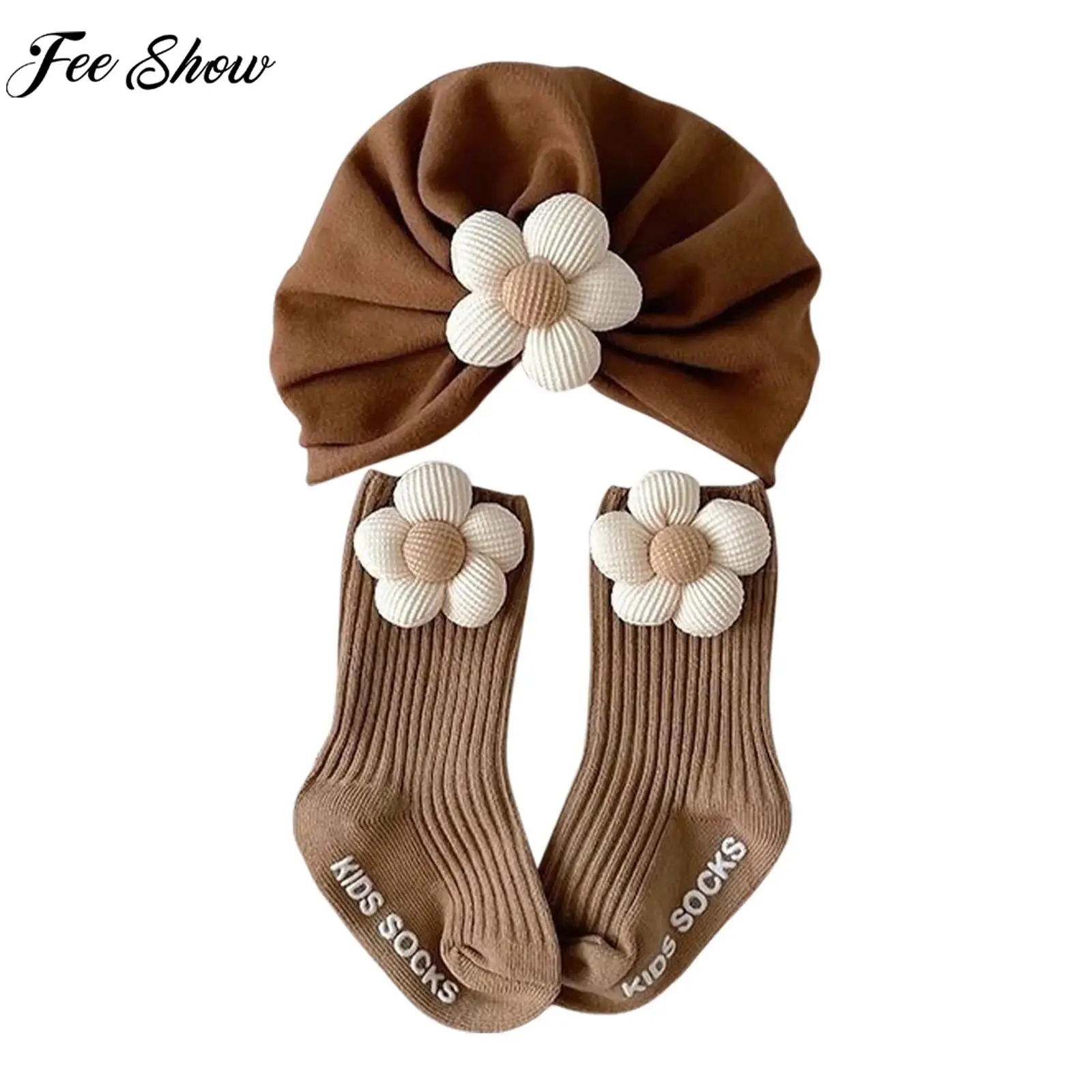 

Милая шапка-тюрбан с цветком для маленьких девочек, шляпа с противоскользящими носками, аксессуары для костюмов для крещения, дня рождения, рождественской фотографии