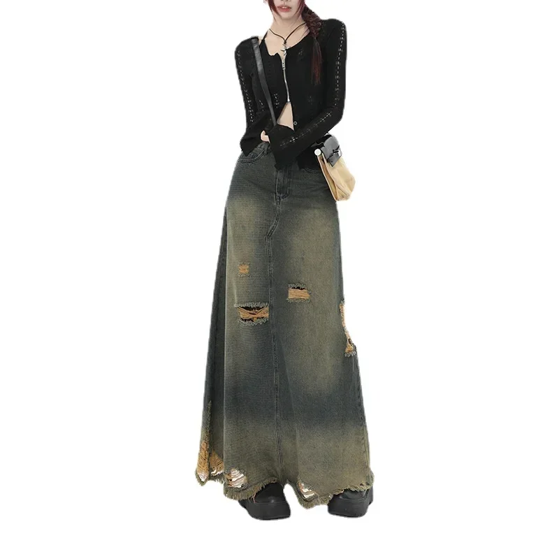 Fleece Half Body Denim Skirt for Women in Spring 2024 New High Street Personalized Hole A-line High Waisted Mid Length Skirt