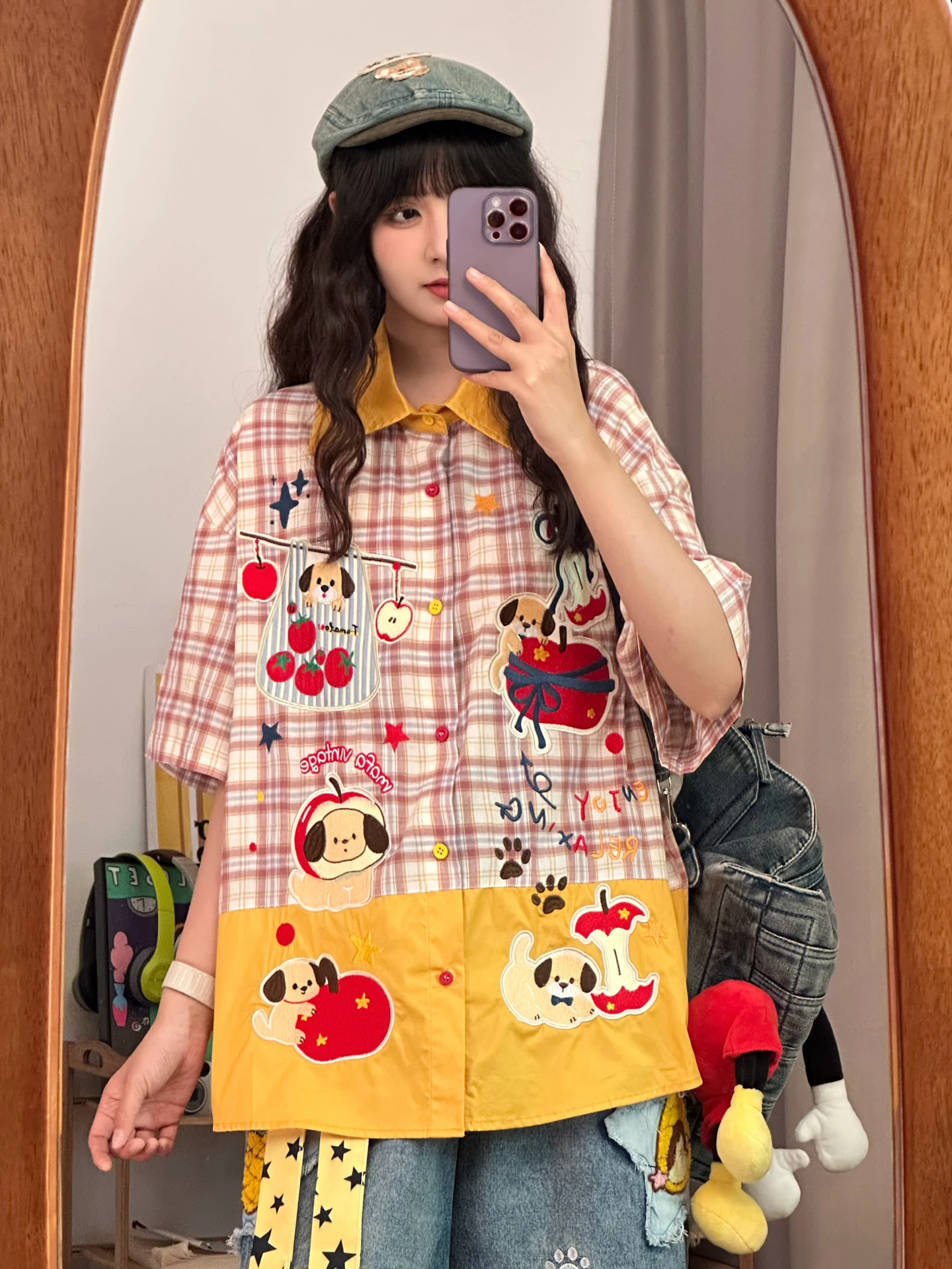 

Original American Retro Plaid Splicing Embroidery Short Sleeve Loose Women's Street Style Summer Top Fashionable Casual Shirt
