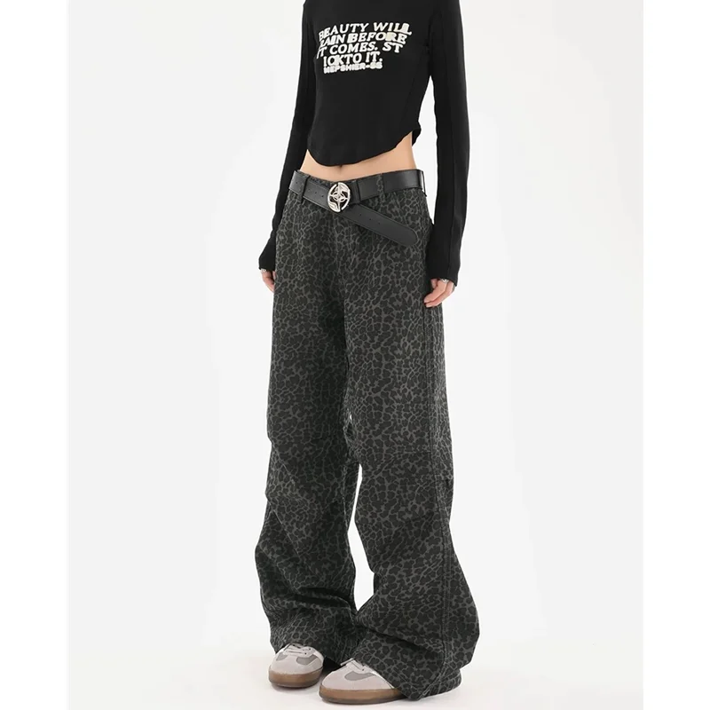 Women's Retro Wide Leg Baggy Black Casual Denim Trouser Harajuku Aesthetic High Waist Loose Jeans 2024 Autumn Leopard Print Pant