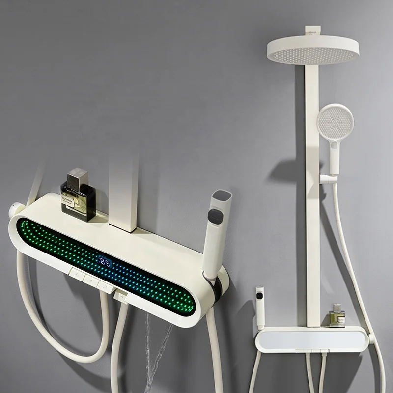 Venta caliente inteligente hogar columna de ducha blanca cascada baño moderno cabezal de ducha termostático tecla de Piano juego de ducha Digital