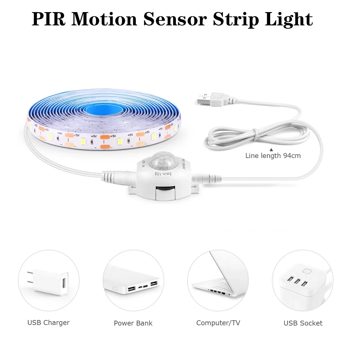 Sensitive PIR Motion Sensor LED Strip Light USB 5V Powered Waterproof DIY Cuttable Tape Delay Time Adjustable For Night Lighting