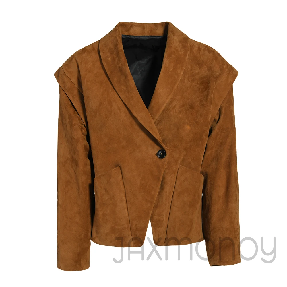 Jaxmonoy Echt Wildleder Leder Jacke Damen High-end Echtem Schaffell Mantel Herbst Winter Neue Design Blazer Oversize Leder Mäntel