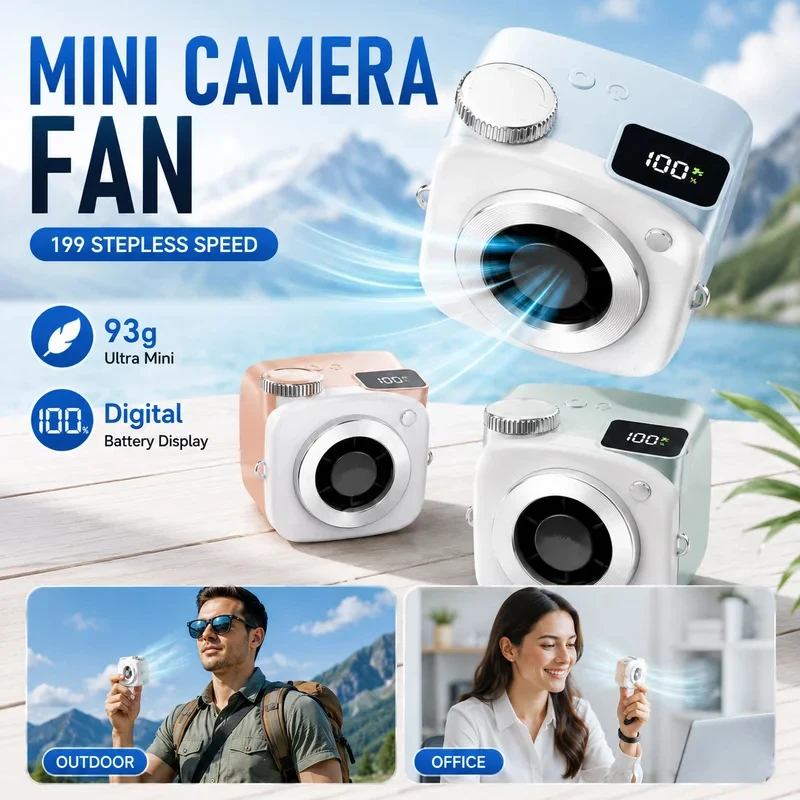 New Mini Fan Camera-shaped Portable Silent Bladeless Electric Fan 199-speed Adjustable Outdoor Neck-hanging Handheld Fan 2000mah