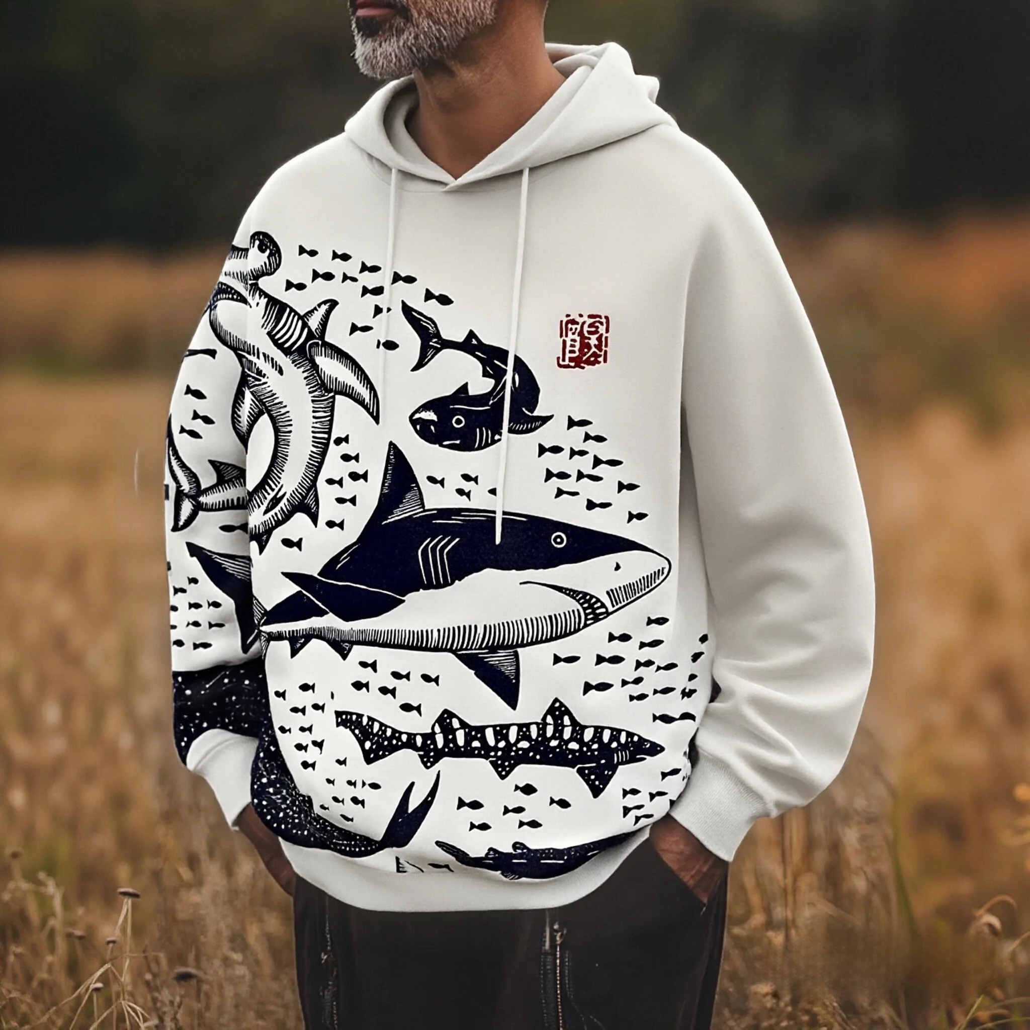 

Мужская толстовка с капюшоном с принтом Sharks Sea Japanese Lino Art, оверсайз, Kpop, осенняя толстовка с длинными рукавами, повседневные свободные топы с воротником с капюшоном 2025, топы