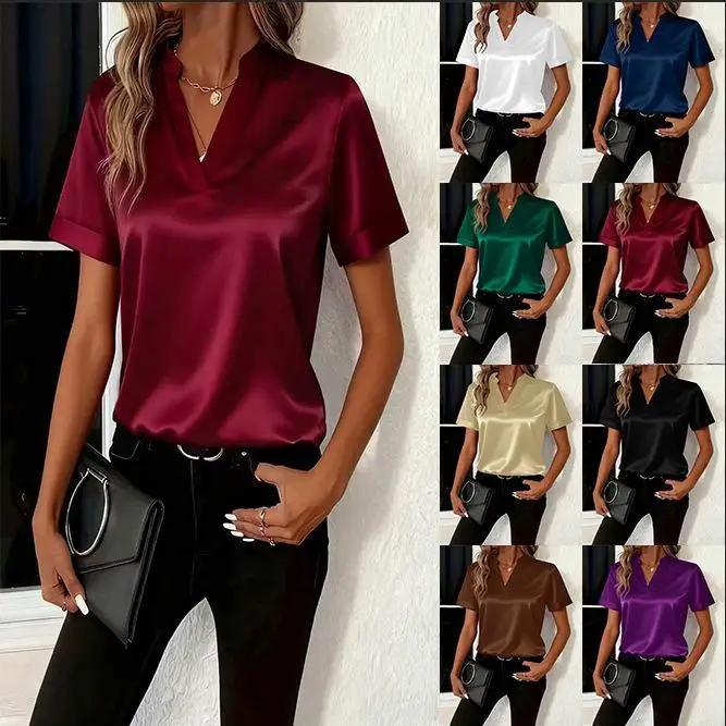 

Women's V-neck Shirt Top Cute Style Short Sleeve T-shirt Youth Sportswear Pure Color Splice Design Winter Collection