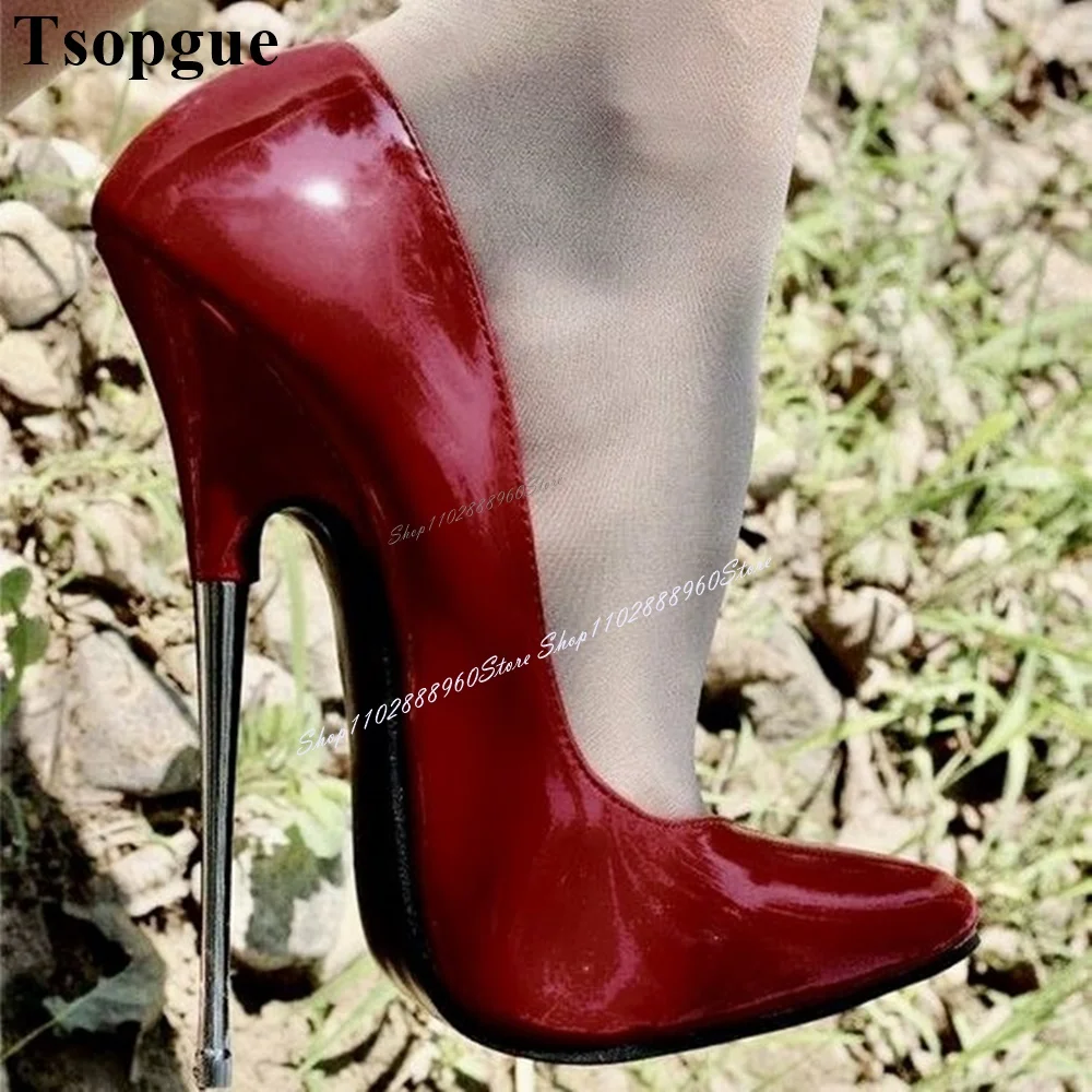 

Runway Red Patent Leather Metal Heel Shallow Pumps Super High Heel Women Shoes Slip-On Pointed Toe 2024 Sexy Zapatos Para Mujere