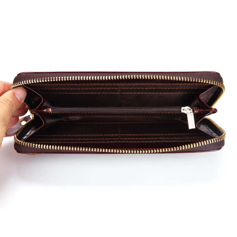 Men\'s Long Handbag Business Vintage Cow Leather Man Wallet Brand Long Wallet For Man And Woman Oil Wax Zipper Bag Male Purse