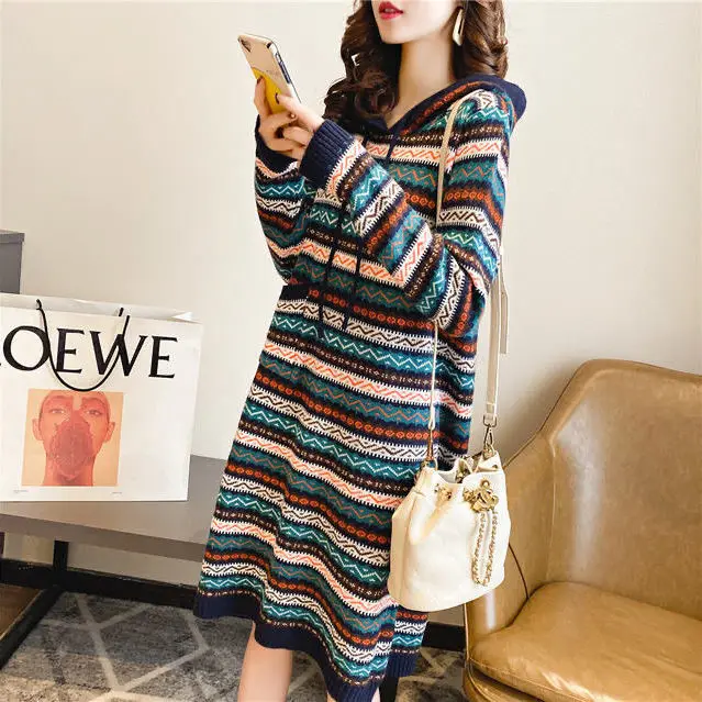 2023 New Autumn Mid Length Striped Over Knee Sweater Dress Women\'s Loose Sleeve Hooded Pullover Sweater Dress Women Leisure Tops