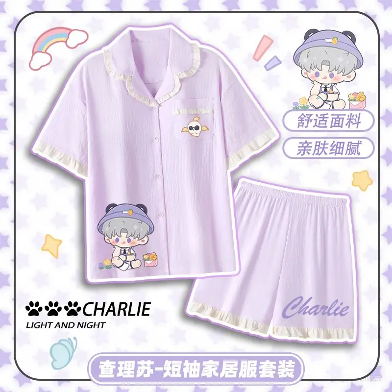 أنيمي الضوء والليل تشارلي منامة الصيف أزياء حساسة لطيف عارضة فضفاضة الراحة لينة جرلي مجموعة قصيرة الأكمام السراويل