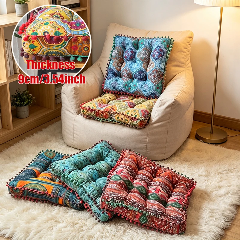 Bohemian Thick Tassel Seat Cushion Ethnic Style Chair Pad with Backrest for Office Home Tatami Floor Pouf Mandala Floor Pillow