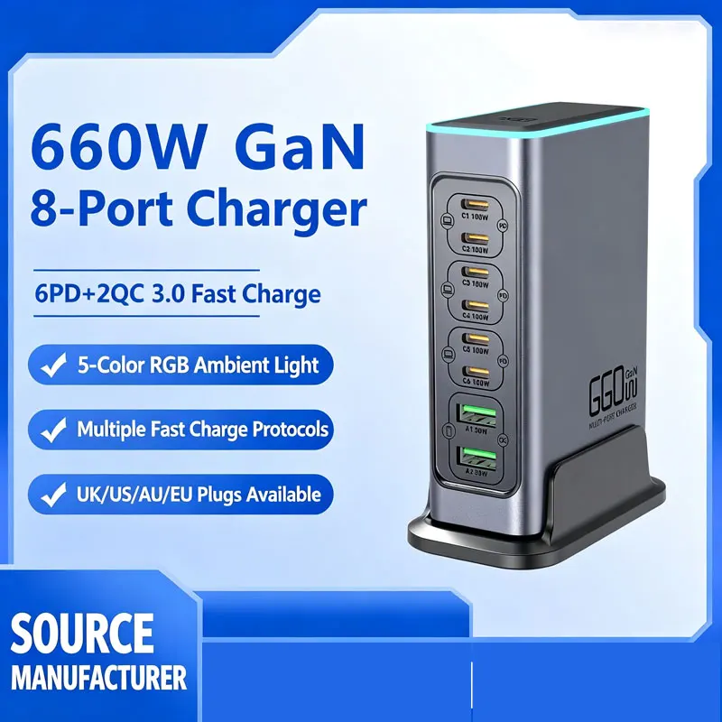 Universal 660W 8-Port GaN Fast Desktop Charger USB C PD Fast Charging Station for Phone Laptops Tablets And More Dropshipping