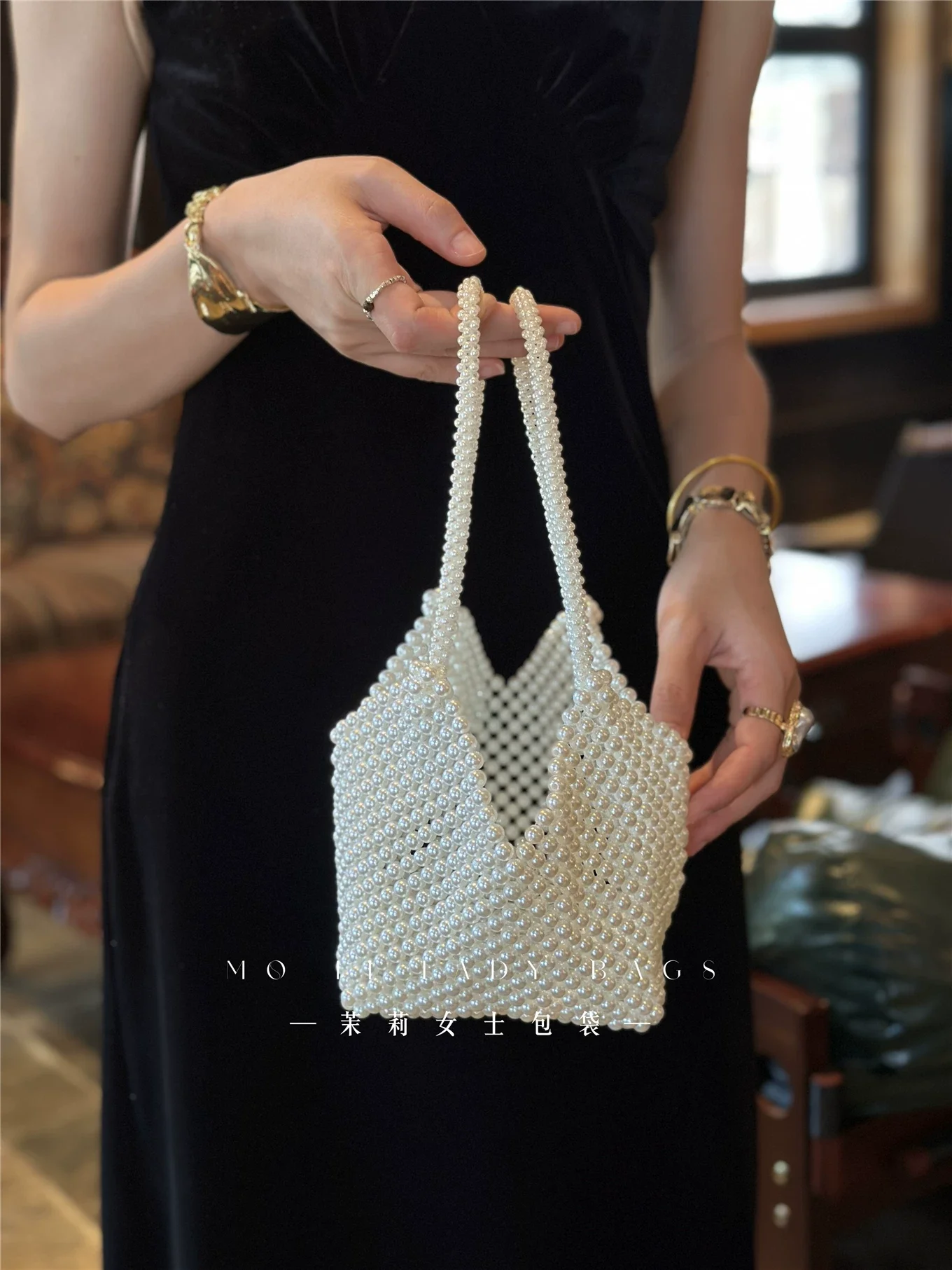 Fashion Pearl Beading Woven Women Handbag Beads Beaded Handmade Bucket Bag Luxury Clutch Purse Shoulder Bagulder Underarm Bag