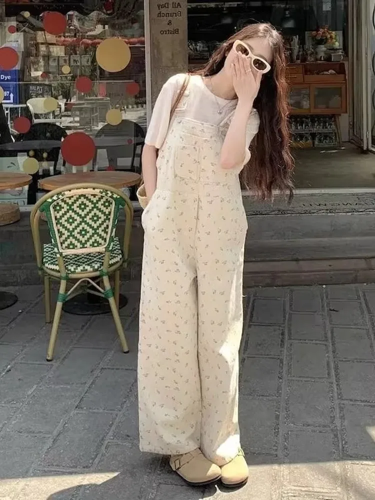 Korean Sweet Floral Denim Overalls Women's Summer New Casual Anti-Aging Long Pants High Waist Straight Leg Jeans Casual Style