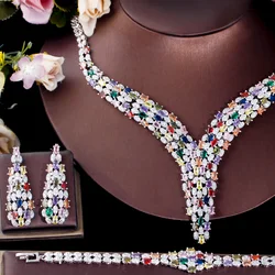 CWWZircons Heavy Cubic Zircon Stone Work Multicolor Big Necklace Arabic Dubai Bridal Jewelry Set Luxury Wedding Accessories T666