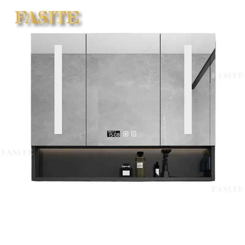 For Bathroom Wall Mounted Stainless Steel Mirror Cabinet with LED Light Open Grid Storage Washstand Vanity Unit Modern Design