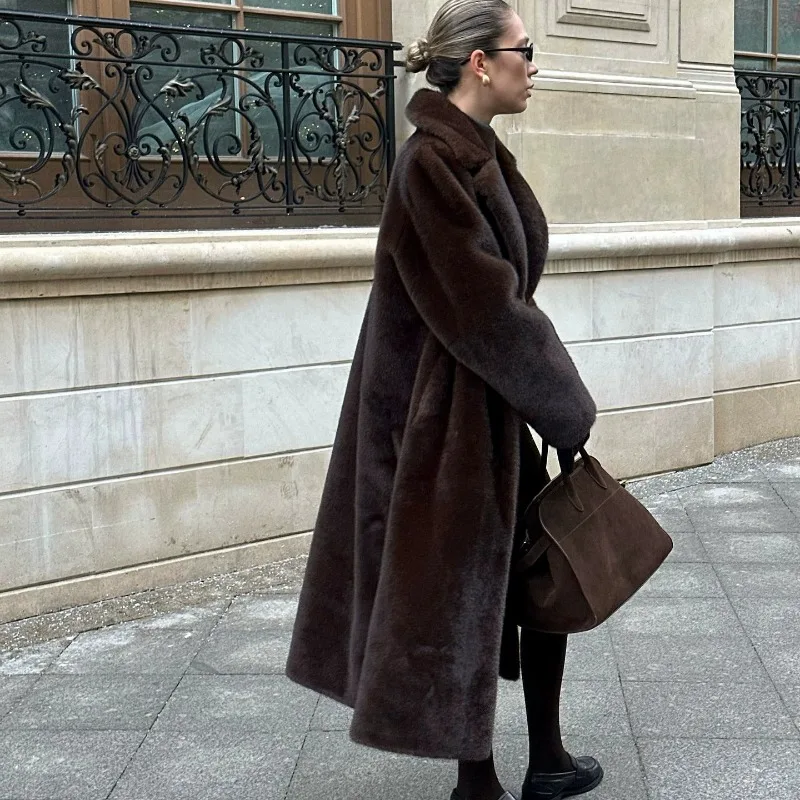 Retro Mink Fur Coat Belt Thickened Suit Collar Faux Fur Coat Women Extended Eco-friendly Artificial Fashion Warm Women Clothing