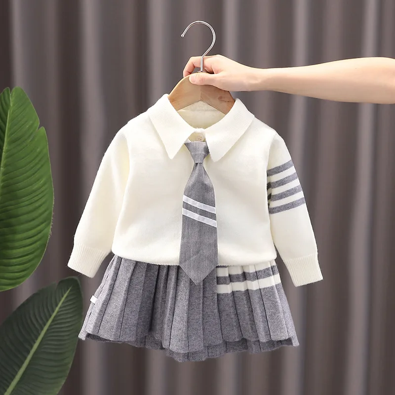 Infant Baby Girl Autumn Winter 2PCS Clothes Set Turn Down Collar Solid Knitted Sweater Tie Cotton Pleated Skirts Kid Girl Outfit