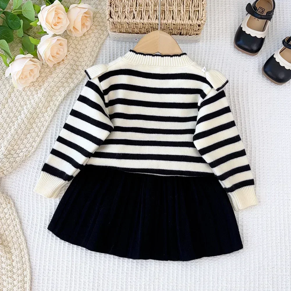 Children\'s Clothing Daily Striped Black Fungus Edge Knitted Cardigan+Solid Color Short Skirt Two-piece Sets Kids Clothes Girls