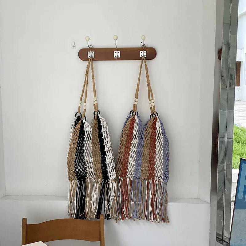 Vacation Color Stripe Tassel Woven Shoulder Bag Hollow Mesh Tote Bag With Liner Large Capacity Beach Straw Bag For Women