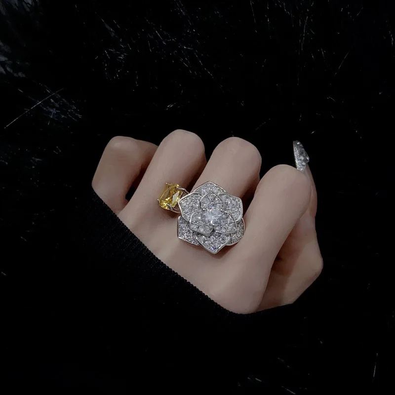 S925 Silver Fashionable and Luxurious Gold Zirconium Rose Flower Full-Diamond High-End Style Open-Ring