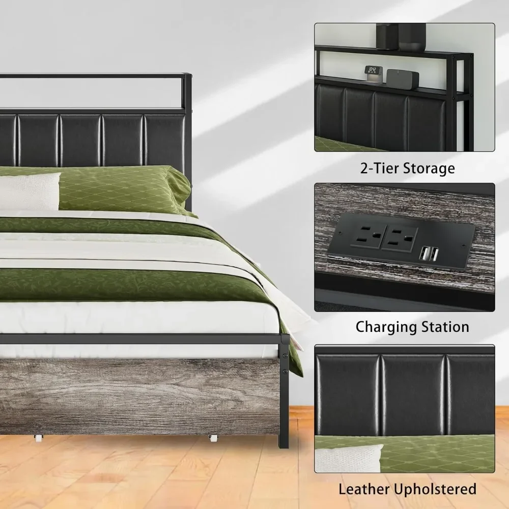 Bed frame with drawers, full platform bed frame with 2 layers of storage, charging headboard, no need for spring mattresses