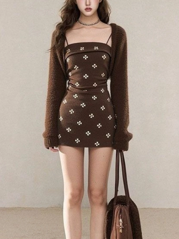 

French Vintage Chic 2-Piece Set Women Knit Cardigan Jacket + Slim Floral Cami Mini Dress Korean Fashion Elegant Casual Outfit