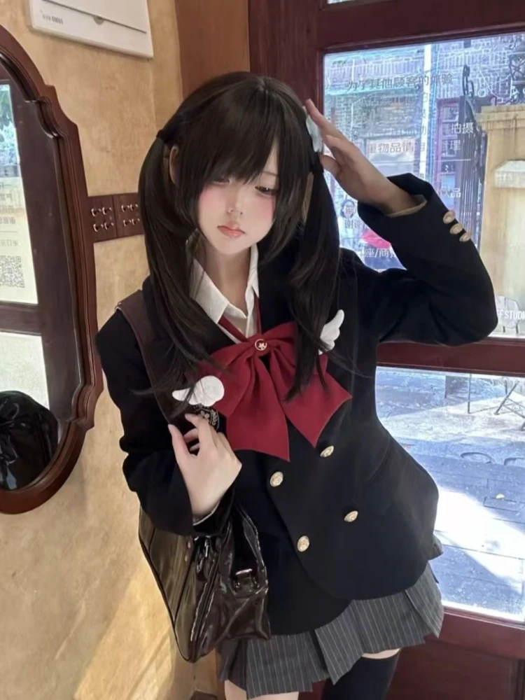 جديد الحلو Preppy نمط JK 2 قطعة مجموعة المرأة القوس معطف أسود + تنورة صغيرة مطوي اليابانية موضة ريترو سليم البدلة الخريف الشتاء #3