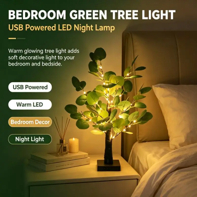 Decorative Green Tree LED Table Light USB Powered Ambient Lamp for Home Bedroom Party Festival Event Layout Decoration