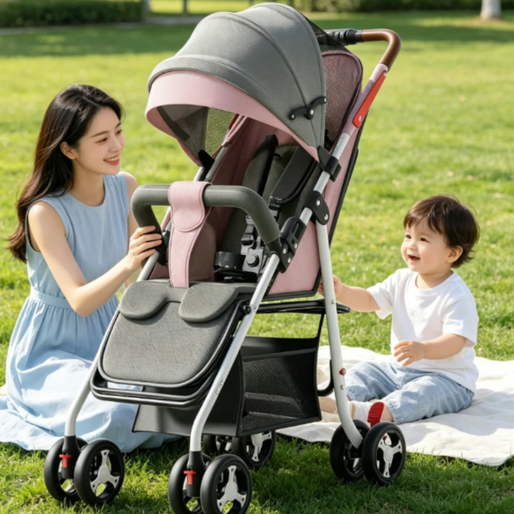 Lightweight Collapsible Stroller, One-Hand Fold Reclining Baby Pushchair, Compact 4-Wheel Travel Stroller for Airplane & Car