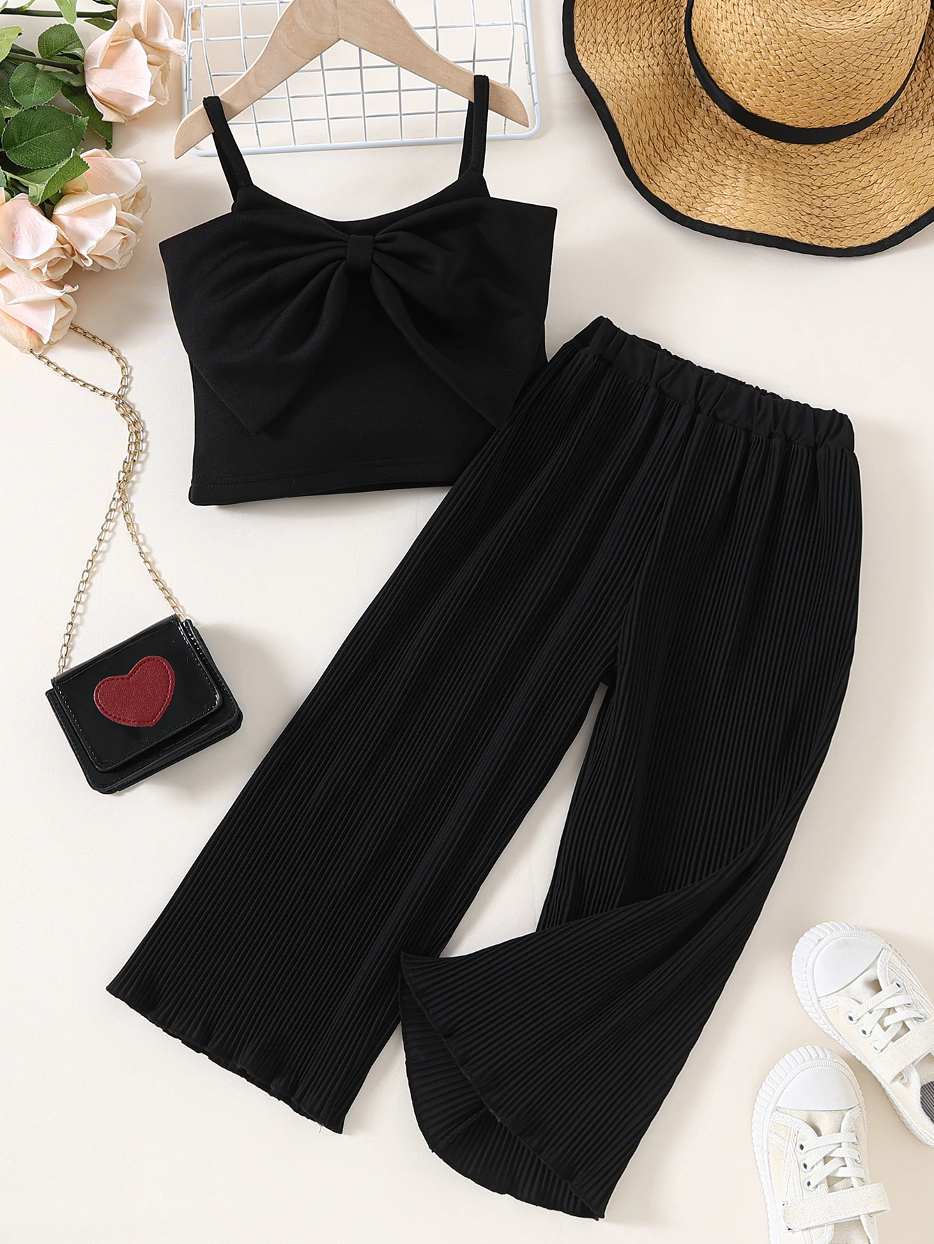 

Kids Black Camisole & Wide-Leg Pants Set Big Bow+Pleated Pants Stylish Minimalist Daily