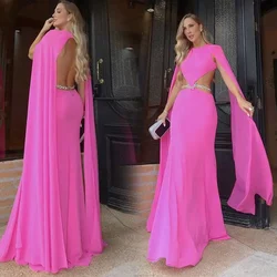 Customized Romantic Chiffon Evening Gown Crew-Neck Solid Color Hollow Sash Backless Pleated Women‘s Floor Length Party Dress