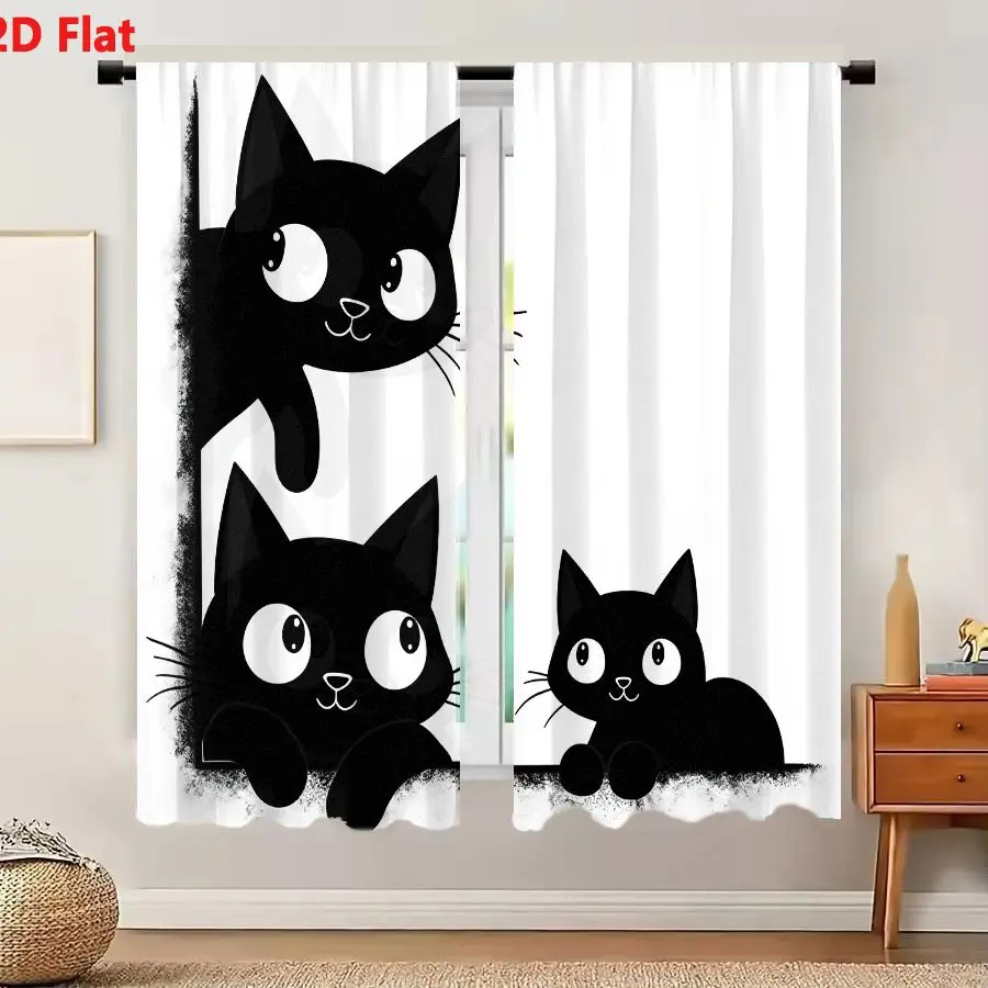 2Pcs Curtains 2D Flat Three Cute Black Cats Peeking And Sitting In Black And White Cartoon Illustration Window Drapes for Bedroo