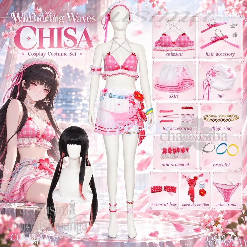 CHISA Peach Ice Outfit Kawaii Pink Plaid Pattern Bikini Sweet Cute Lovely Swimwear Halloween Cosplay Anime Game Wuthering Waves