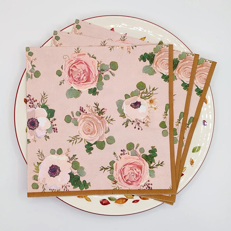 10/20 قطعة مناديل الأزهار خمر الوردي الوردي وطباعة شقائق النعمان مع الحدود البنية ، 3-Ply 33 سنتيمتر المناديل لديكور طاولة الحفلات الرومانسية