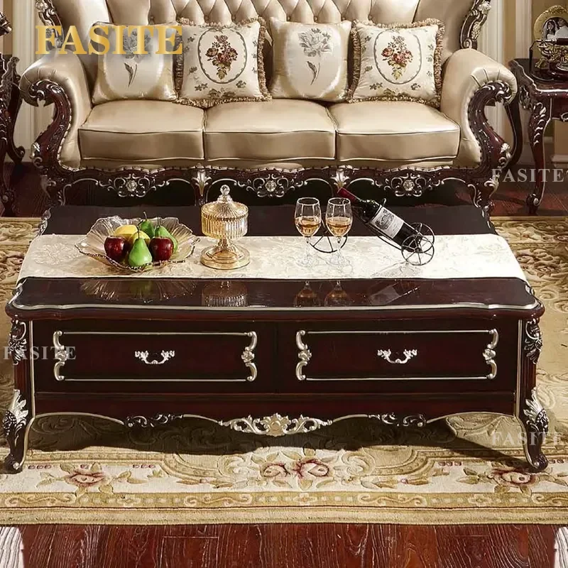 For European Luxury Classic Living Room French Wood Frame Center Coffee Table with 2 Drawers Storage Cabinet Furniture Set
