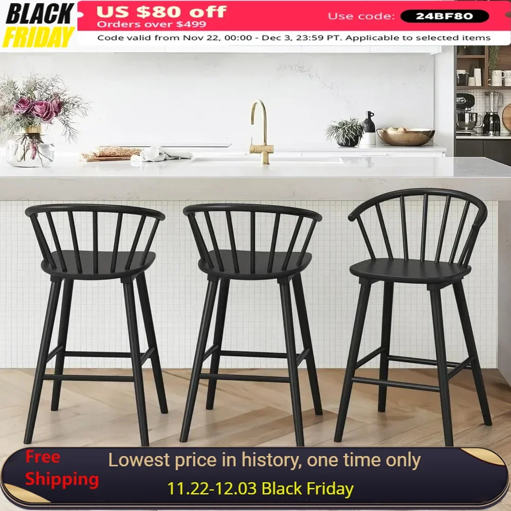 Bar Stools, Black Farmhouse Barstools Set of 3, Modern Counter Height Bar Stools for Kitchen Island Pub, 26 Inch