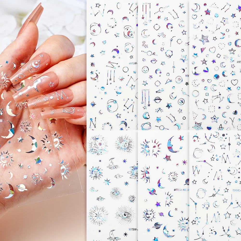 6Pcs Bronzing Gold Silver Star Moon Sun Nail Art Sticker 3D Laser Star Moon Design Adhesive Slider Decal Manicure Decoration