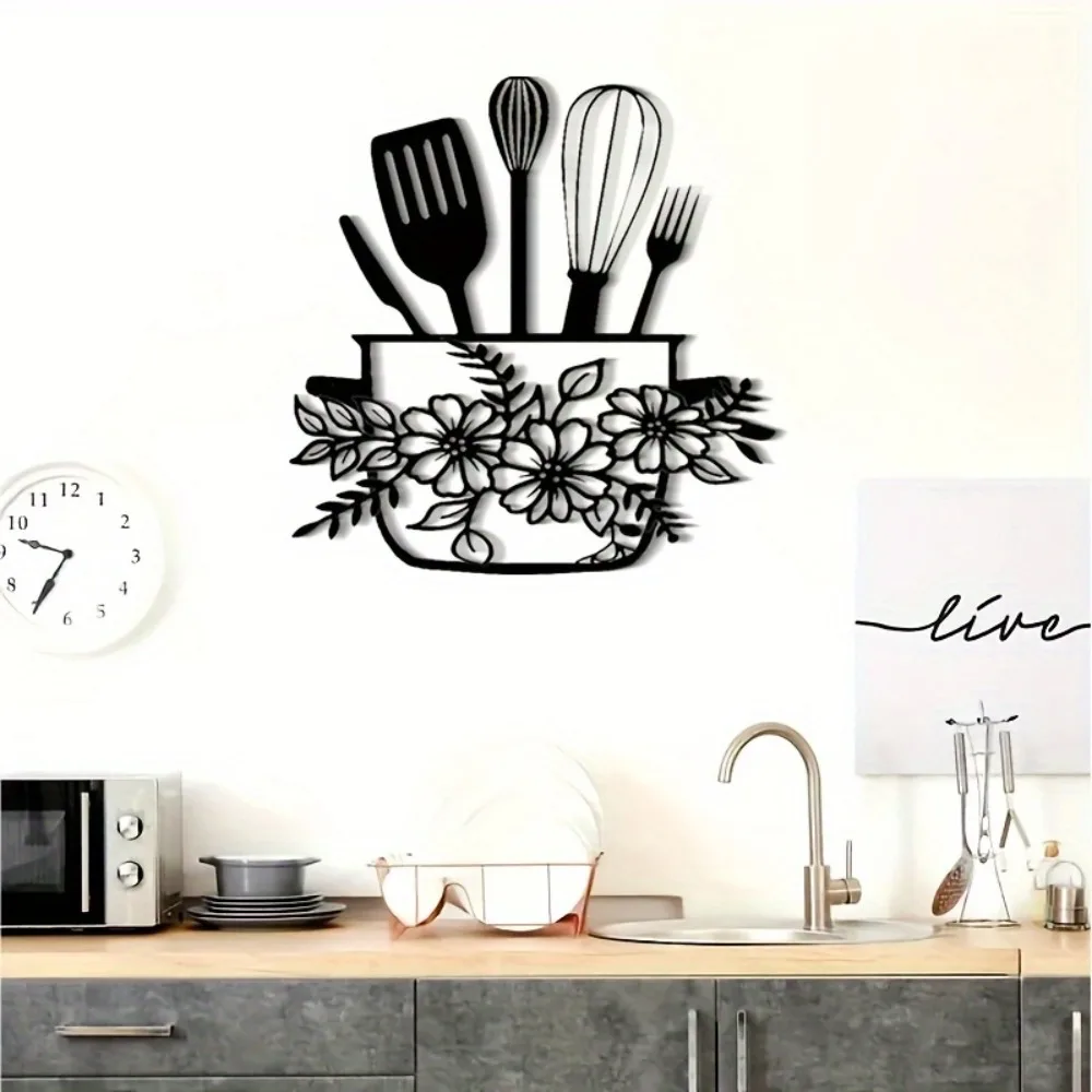 CIFBUY Iron Art Wall Decor Rustic Kitchen Sign Floral Cutlery Design Horizontal Hanging Metal Plaque Exquisite Craft Home Decora